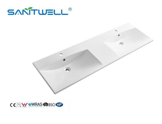Wholesale China SW1524-D Suppliers Double Hand Stone Resin Basins Thin Edge Rectangle Shape Cabinet Basins For Hotel.