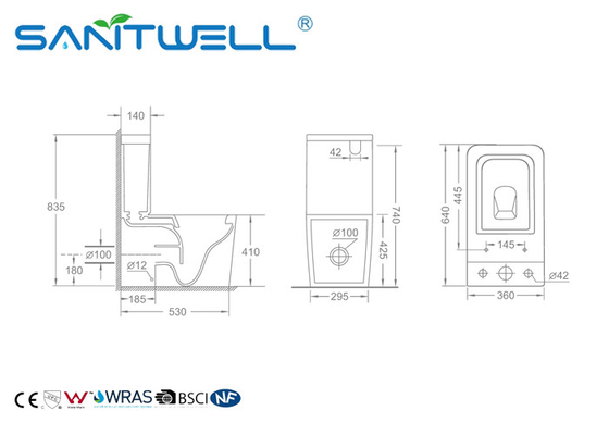 Rimless Toilet  Ceramic Back to Wall Wash Down P Trap Bathroom Bowl With Soft Close Seat Close Coupled Toilets