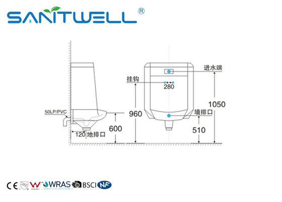 SWF1351 Ceramic Urinal Self-cleaning glaze style Wall Mounted Installation