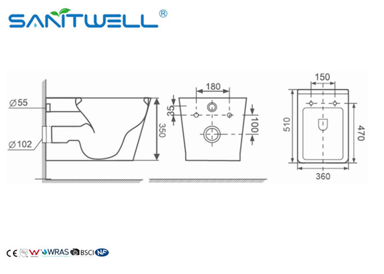 Wall Mounted WC 510*360*350mm Size , wall outlet toilet SWA225