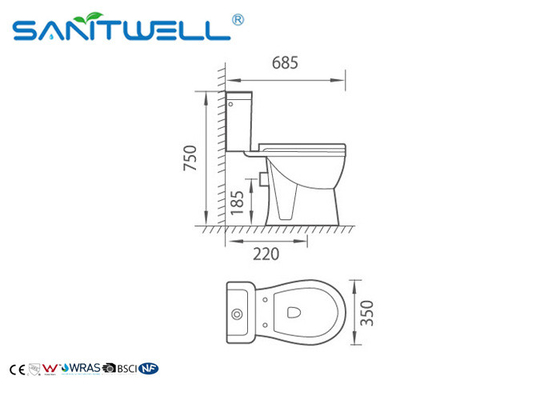 White Two piece toilet 685*350*750 mm Size living room NR121 , Free Standing Toilet
