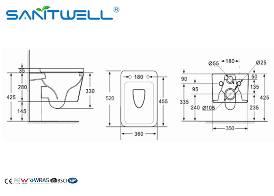 Western style smart wall mounted WC intelligent toilet P-trap 180mm