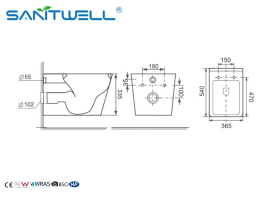 European Rimless Wall Mounted Wc , Wall Outlet Toilet  Ceramic Toilet