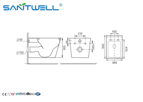 Ceramics Wall Mounted WC , p trap washdown wc 540*365*335mm Size
