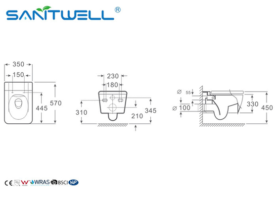 Elongated wall mounted toilet washdown wc basin CE certification