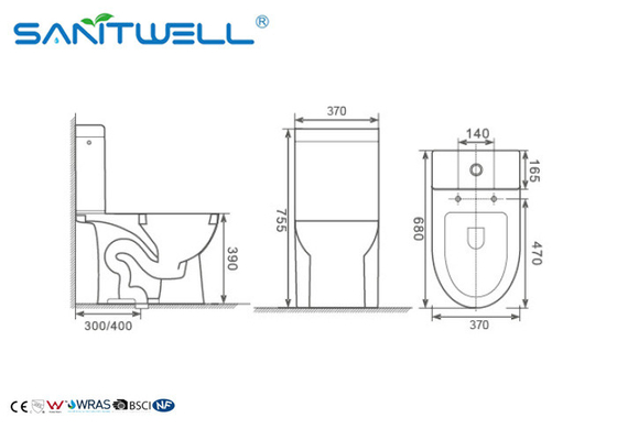 Ceramic Close Coupled Toilet soft seat cover 680*370*755mm Size