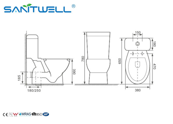 Compact Close Coupled Toilet Washdown Two Piece WC 670*365*800 mm Size