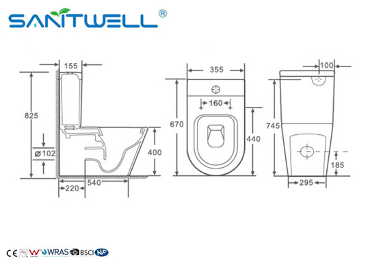Modern washdown two piece wc closetool toilet 670*360*830 mm Size