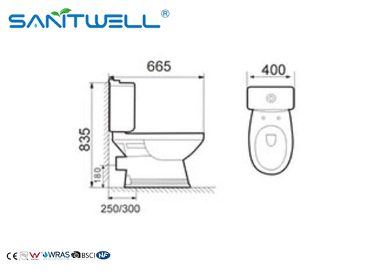 Square close coupled toilet Universal gravity flush 665*400*835mm Size