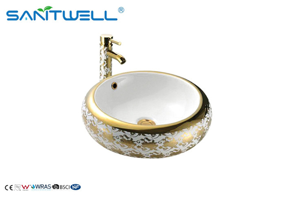 Decoration White Bathroom Ceramic Art Basin With Tap Golden Edging