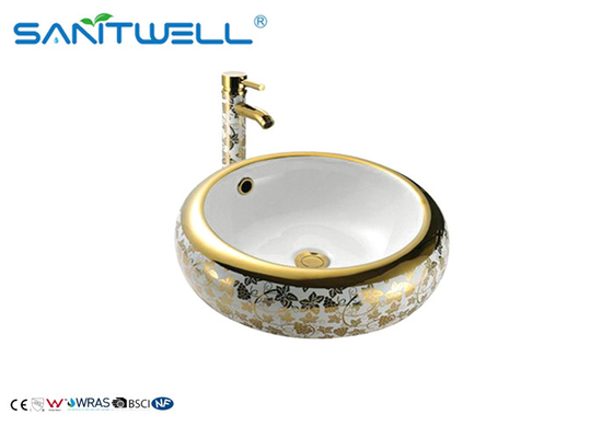 Decoration White Bathroom Ceramic Art Basin With Tap Golden Edging