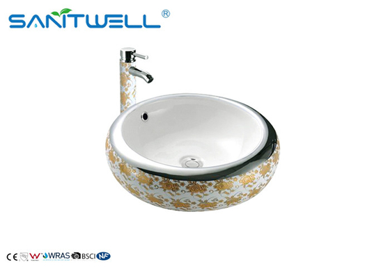 Decoration White Bathroom Ceramic Art Basin With Tap Golden Edging