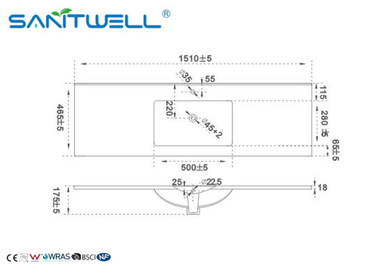Industrial Counter Top Wash Basin Single Hole AB8003-150 1500×460×180mm