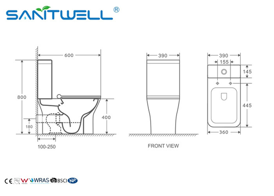 Floor Standing Close Coupled Toilet Rimless Two Piece Ceramic Material