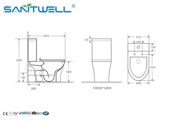 Hotel Bathroom Close Coupled Toilet Soft Close Seat Cover 650*370*800mm