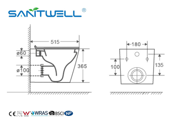 Rimless Ceramic Wall Mounted Toilet Gravity Flushing With CE Certification