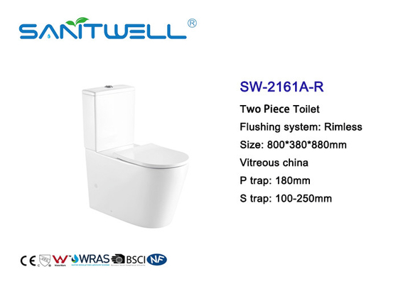 Soft Surface Rimless Close Coupled Toilet Two Piece Structure 800 * 380 * 880mm