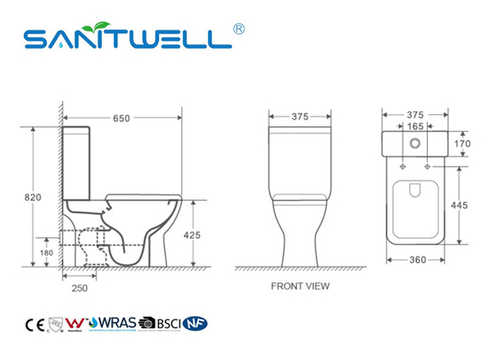White Color Close Coupled Water Efficient Toilets Ceramic Material 650 * 375 * 820mm