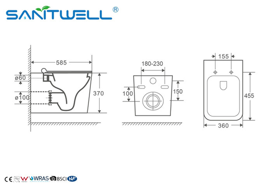 Bathroom Washdown Wall Mounted Toilet Single Piece With P Trap 180mm