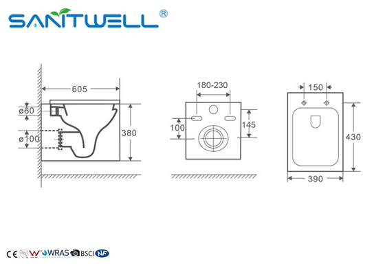 Compact One Piece Ceramic Square Wall Hung Toilet For Home Hotel Bathroom
