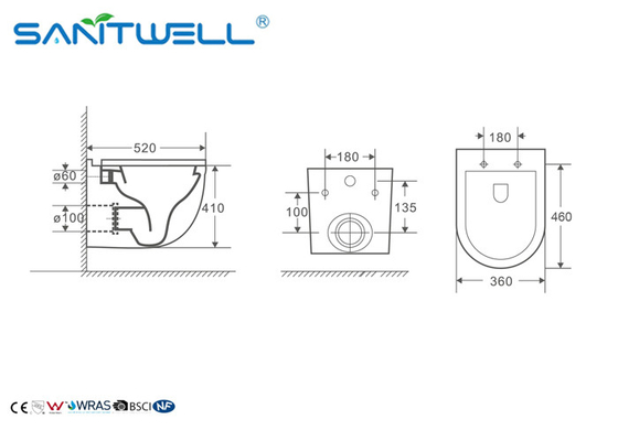 Fashionable Rimless Wall Hung Toilet European Style For Bathroom 520 * 360 * 410mm