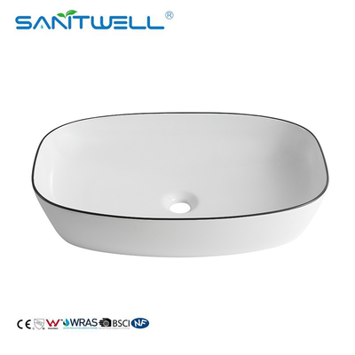 Sanitwell modern design porcelain white counter top ceramic bathroom art basin face hand wash basin sink with gold line
