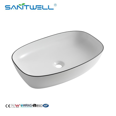 Sanitwell modern design porcelain white counter top ceramic bathroom art basin face hand wash basin sink with gold line