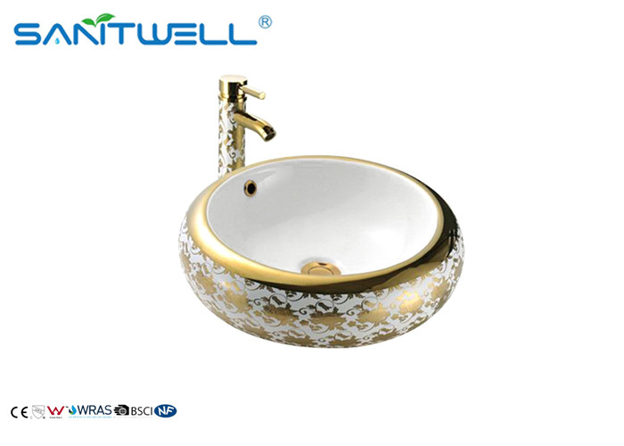 Decoration White Bathroom Ceramic Art Basin With Tap Golden Edging